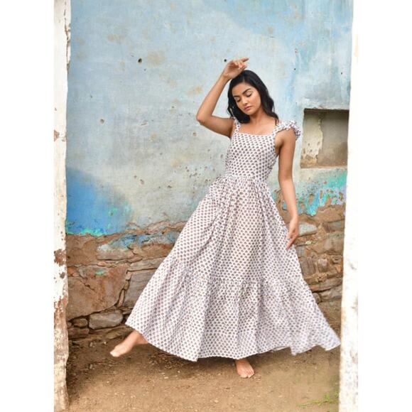 B51 Daughters of India Manjari Maxi Dress Floral XS Ruffle Boho Cottage Flowy - Picture 5 of 11